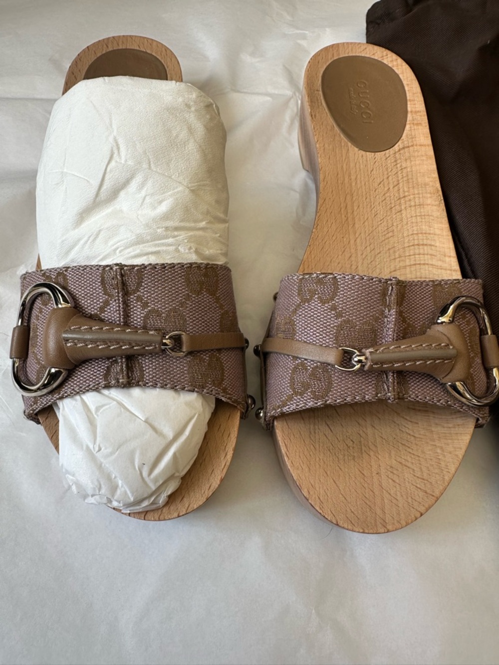 Gucci Taupe Monogram Canvas Horsebit Wooden Slide Mules - Picture 1 of 9